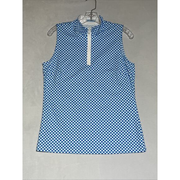 J McLaughlin Bedford Sleeveless Womens Medium 1/4 Zip Mock Top Blue Gingham - Picture 1 of 9